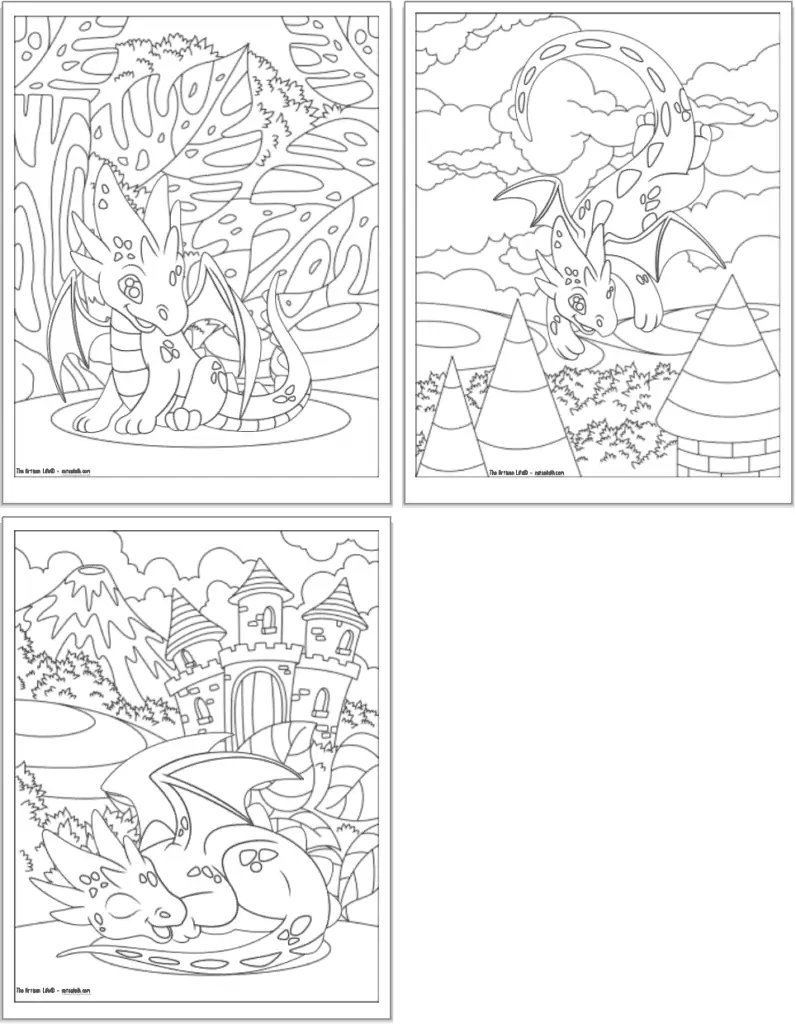 Three printable cute baby dragon coloring pages with full backgrounds to color. The pages have: a tropical jungle with a sitting dragon; stone castle towers with a flying dragon, and a napping baby dragon in front of a castle. 