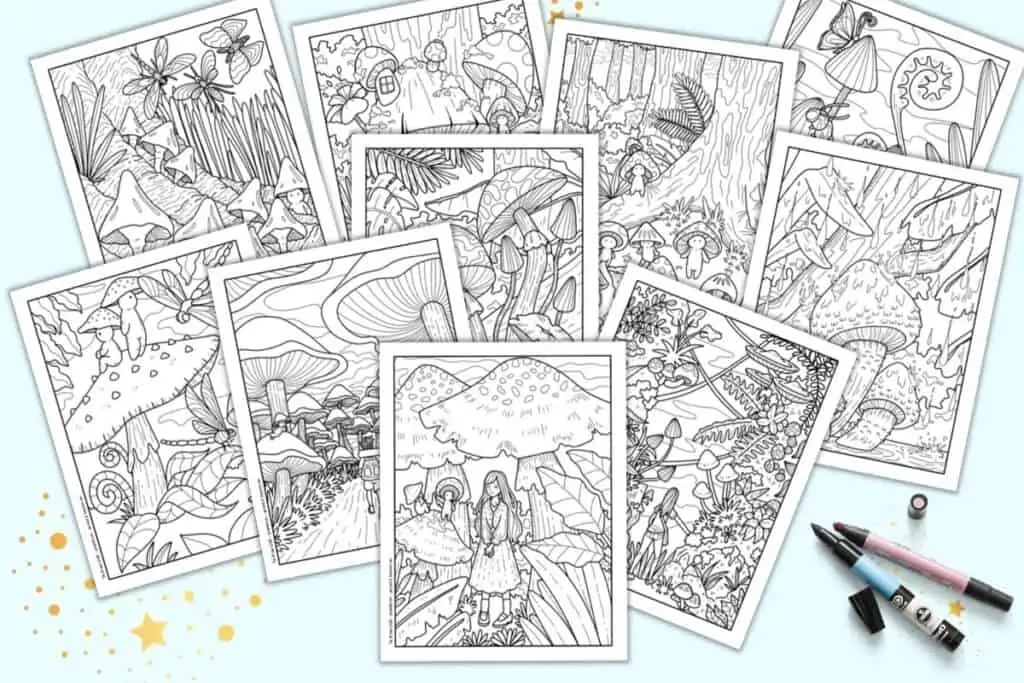 A preview of 10 printable coloring pages. Each page has cute mushroom people in in a woodland setting with more mushrooms, mushroom houses, butterflies, and dragonflies. The pages are on a light blue background with pink and blue markers. 