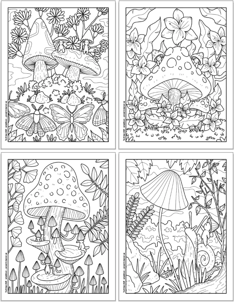 A 2x2 grid with four printable mushroom coloring pages. Each page has cute mushroom people to color with butterflies, a large spotted mushroom and flowers, lots of small mushrooms, and riding on a snail.