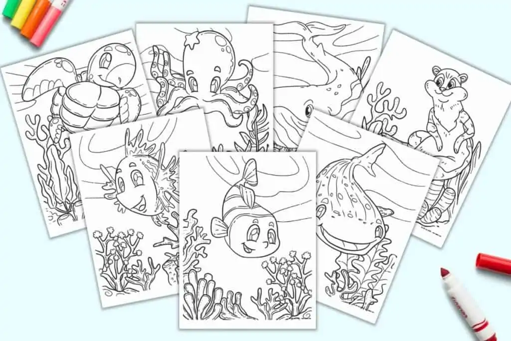 A preview of seven printable cute sea creature coloring sheets for kids. Animals include: clownfish, whale shark, sea otter, whale, octopus, lion fish, and sea turtle.