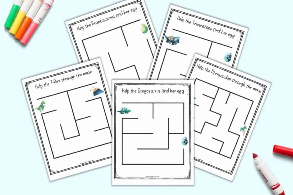 A preview of five easy dinosaur themed mazes for toddlers and preschoolers. Each simple maze has a watercolor clipart dinosaur at the maze's start.