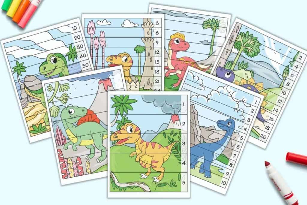 Seven printable dinosaur themed number building puzzles for preschoolers and kindergarteners. Each page has a full color background image and a dinosaur. There are lines with numbers so the pieces can be cut apart and arranged numerically. The pages on are a light blue background with colorful children's markers. 
