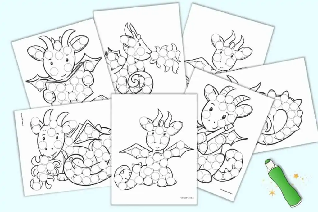 A preview of seven printable dragon themed dab it marker pages for toddlers and preschoolers. Each page has a large, cute cartoon dragon image. The dragon is covered with large black and white circles to dot in with a bingo dauber style marker.