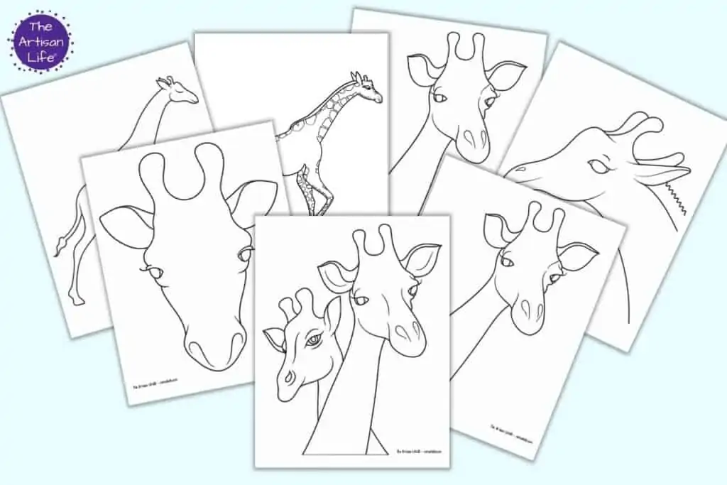 A preview of seven different giraffe outline printables. Outlines include: walking giraffes, giraffe heads, and two giraffes together.