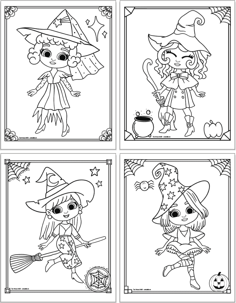 A 2x2 grid with free printable cute Halloween witch coloring pages. The pages feature: A witch with a hat with a veil, a witch with a broom and cauldron, a witch riding a broom, a witch with stars on her hat and a spider.