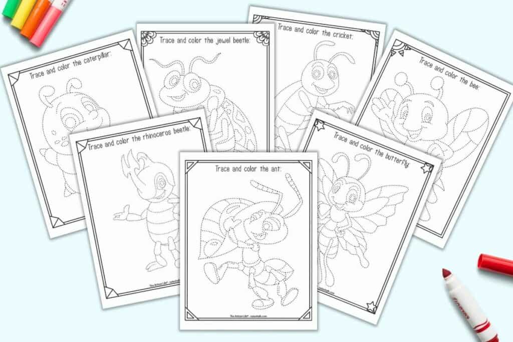 A preview of seven printable trace and color insect pages. Each page has "trace and color the..." at the top and a cute insect to trace with dotted lines instead of solid lines. Insects include: ant, butterfly, bee, cricket, jewel beetle, caterpillar, rhinoceros beetle.