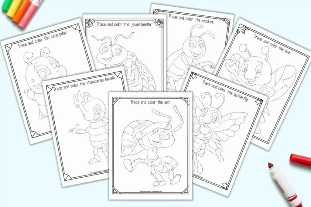 A preview of seven printable trace and color insect pages. Each page has "trace and color the..." at the top and a cute insect to trace with dotted lines instead of solid lines. Insects include: ant, butterfly, bee, cricket, jewel beetle, caterpillar, rhinoceros beetle.
