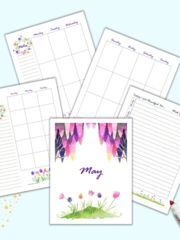 A preview of five pages of May themed planner printable. Pages include a May cover/divider page, monthly calendar, two page vertical weekly spread, and gratitude journal page