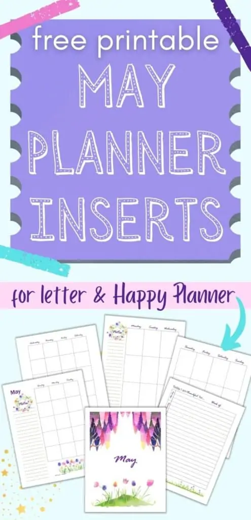 Text "free printable May planner pages for letter and Happy Planner" above a preview with six pages of May planner printable featuring wisteria and tulips. Pages include a May divider page, two pages of undated calendar, a two page vertical weekly spread, and a gratitude journal page.