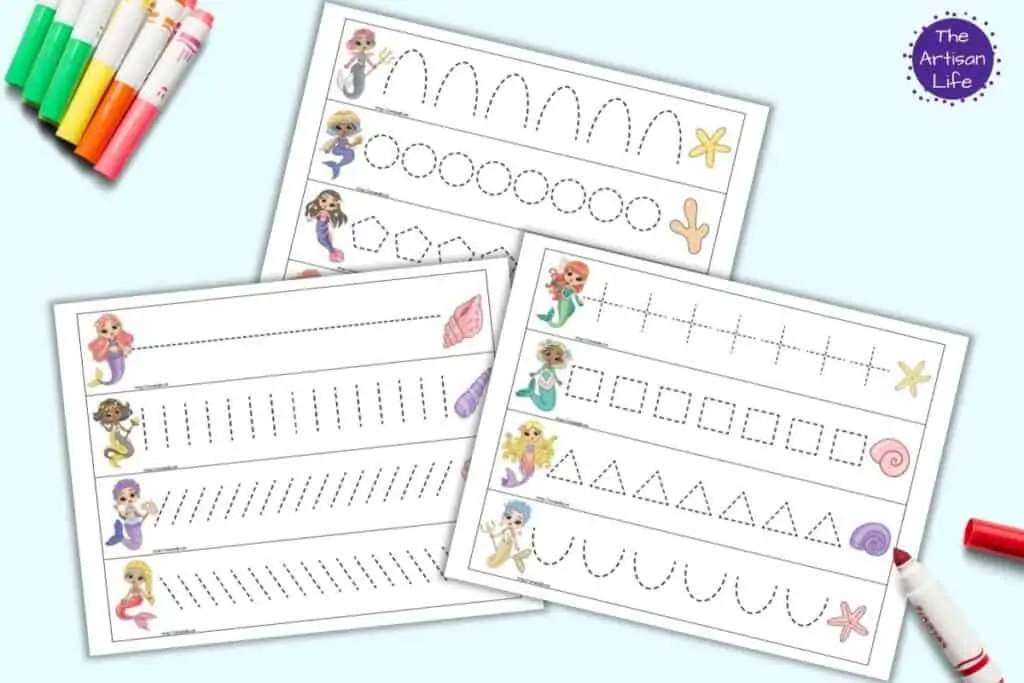 A preview of three pages of printable mermaid themed prewriting practice cards for preschoolers. Each page has four cards to cut out and trace. There is a mermaid on the left of each card and a shell on the right. Each card has a different dotted shape or line to trace. The pages are on a light blue background with colorful children's markers.