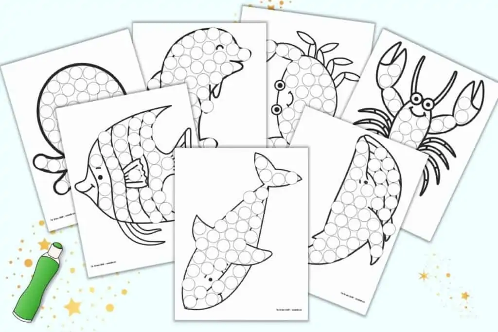 A preview of seven printable dot marker coloring pages. Each page has a large ocean animal with dots to color in with a dauber style marker. Animal include: shark, whale, lobster, crab, dolphin, angelfish, and octopus