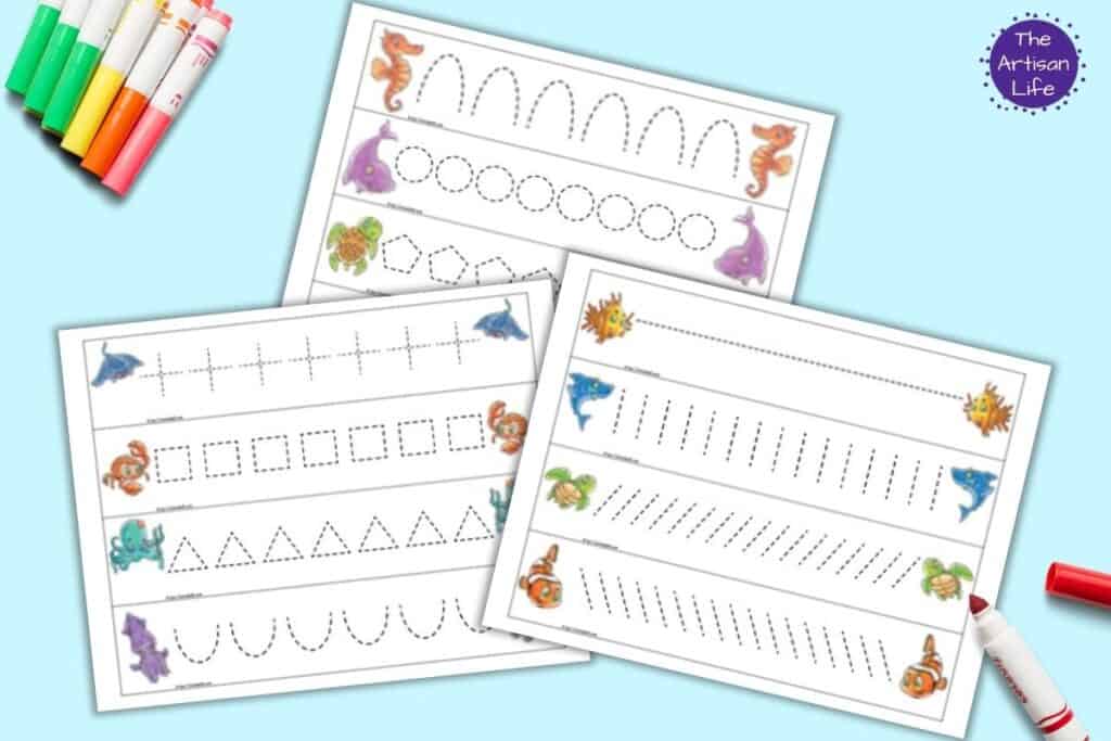 A preview of three pages of ocean themed prewriting practice cards for preschoolers. Each page has four cads to cut out. Each card has dotted shapes or lines to trace and a cute illustrated ocean animal on each end of the card.