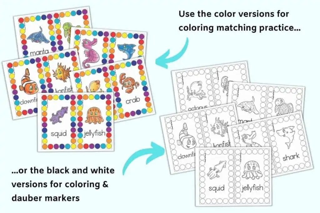 On the left are five pages of printable roll and count mats with colorful circles and ocean animals. An arrow points as the previews with the next "Use the color versions for color matching practice..." Below and to the right are the same five counting mats in black and white. An arrow with the text "...or the black and white versions for coloring & dauber markers" points at this set of preview.