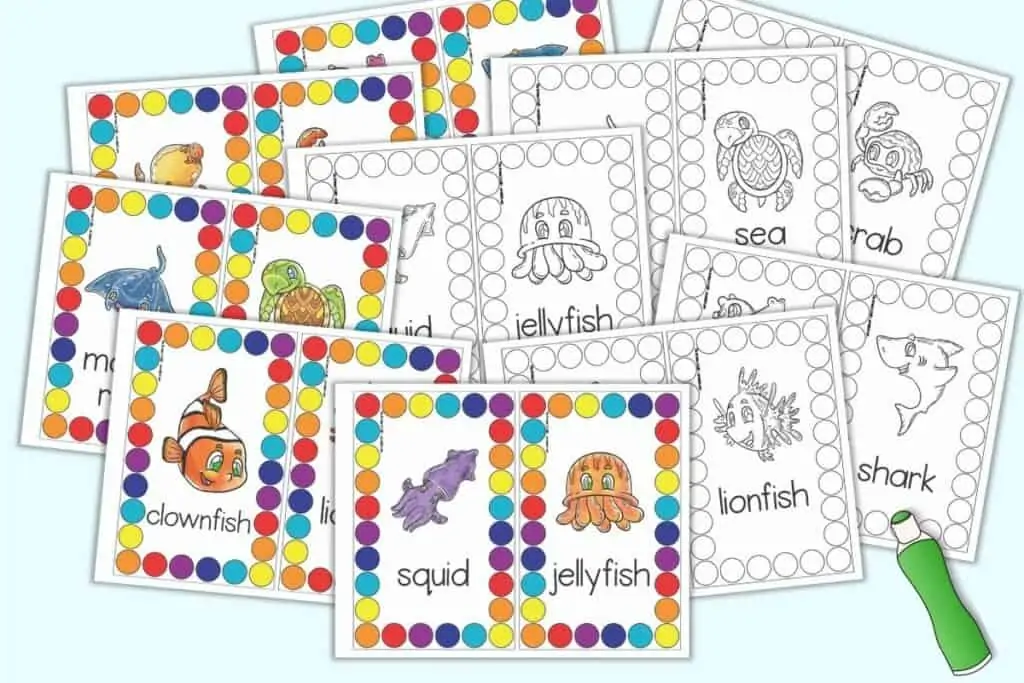 A preview with ten pages of roll and count ocean mats. Each page has two cards to cut apart and use. Half of the pages have ocean animals with colorful circles to color. The other five pages have black and white circles with black and white ocean animals. 