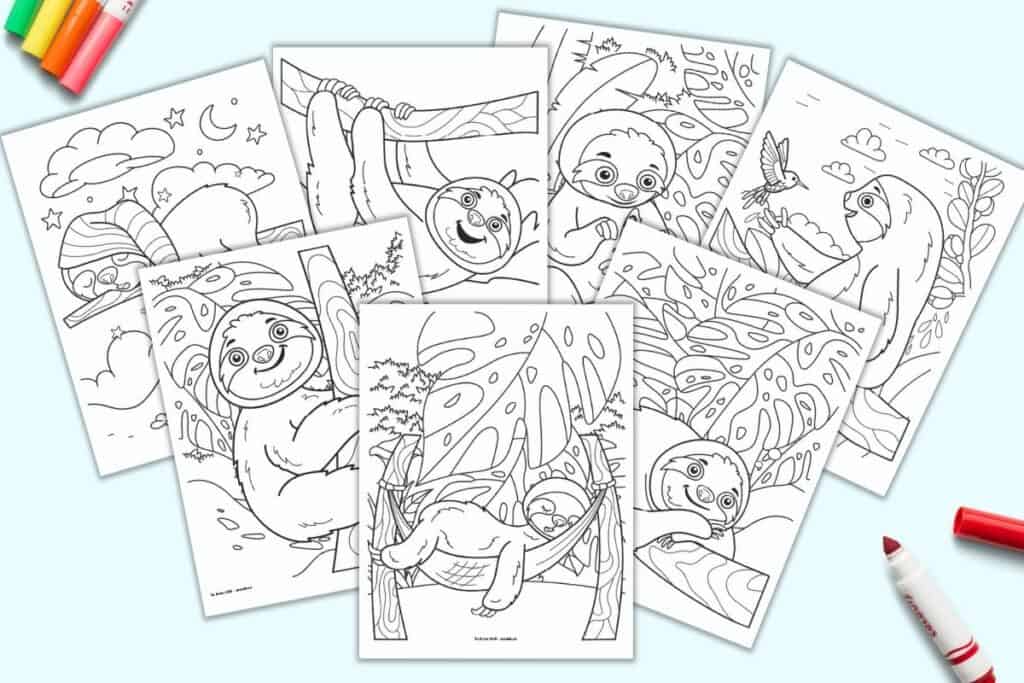 A preview of seven printable cute sloth coloring pages for children. The pages are on a light blue background with colorful children's markers. 