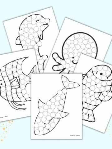 A preview of five printable sea animal dot marker coloring pages. Animals include: shark, clownfish, octopus, angel fish, and dolphin