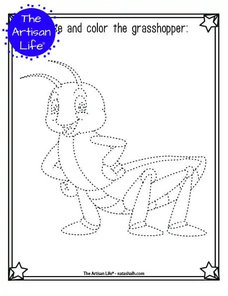 A printable trace and color page with a cute grasshopper to trace and color. The grasshopper has dotted lines instead of solid lines for a child to trace. 
