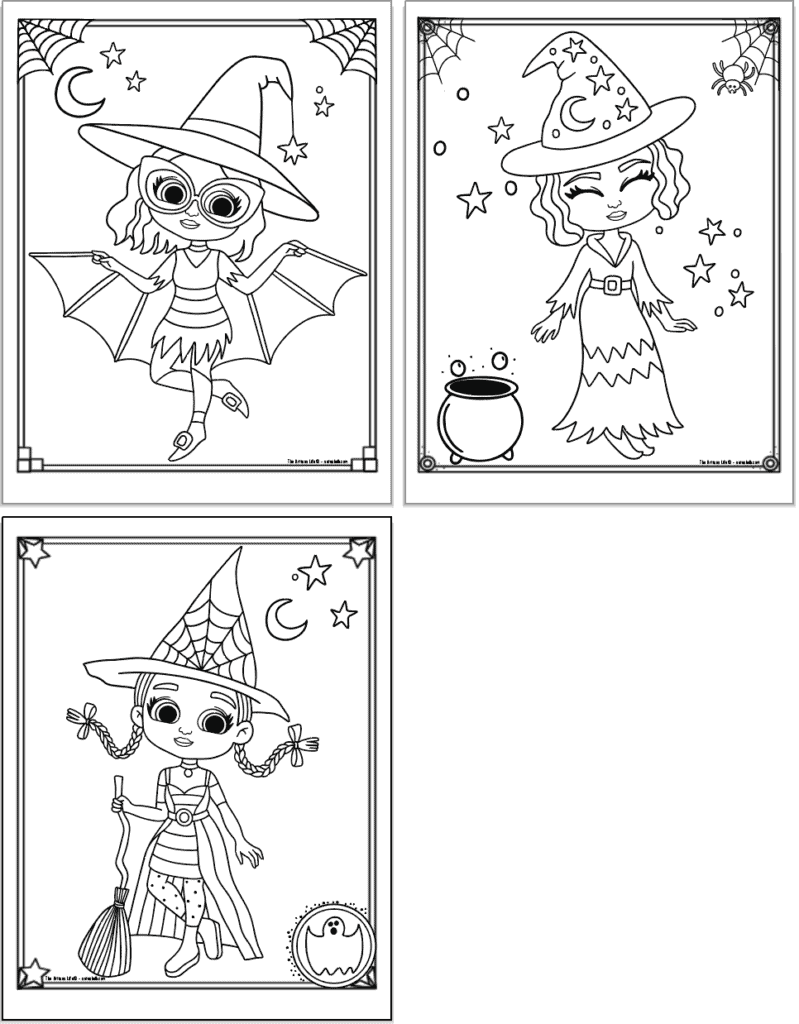 Three cute Halloween with coloring pages. Pages have: a cute with with large glasses and bat wins, a witch with a bubbling cauldron, and a witch with braids and a broom