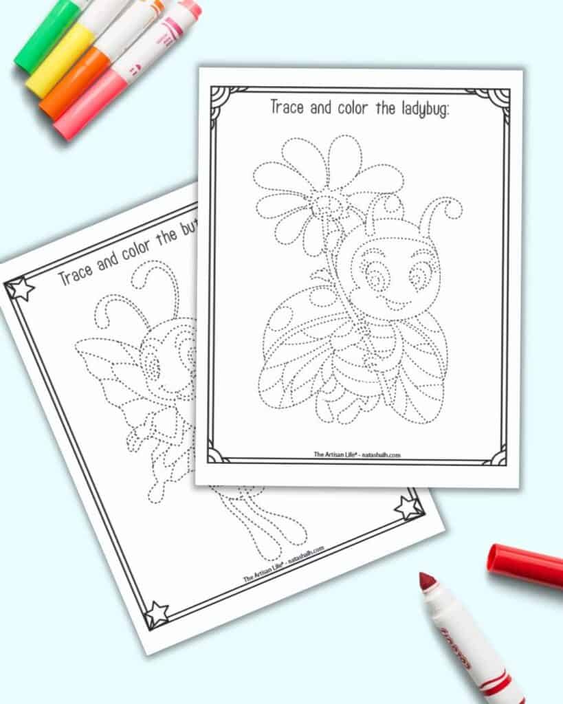 Two printable insect trace and color pages for children. The page on top has a ladybug with dotted lines to trace. The page behind has a butterfly to trace.