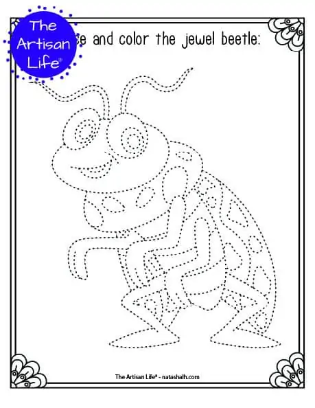 A printable trace and color page with a cute jewel beetle to trace and color. The jewel beetle has dotted lines instead of solid lines for a child to trace. 
