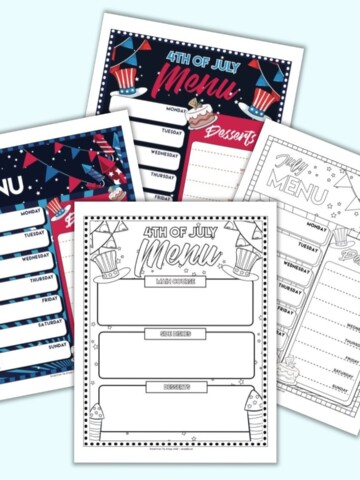Four pages of printable menu planner for July. Two are in color, two black and white. Two pages are for weekly meal planning and two are for planning your Fourth of July menu