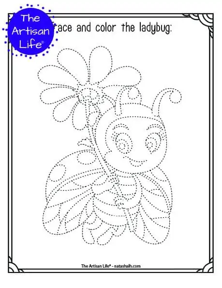 A printable trace and color page with a cute ladybug earring a flower to trace and color. The ladybug has dotted lines instead of solid lines for a child to trace. 