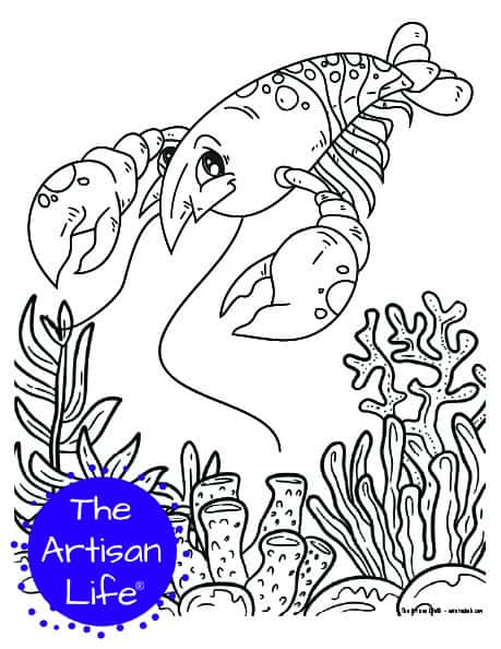 A children's coloring page with a cute lobster on a background with coral and seaweed to color. 