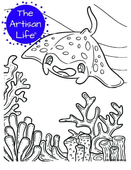 A children's coloring page with a cute manta ray on a background with coral and seaweed to color. 