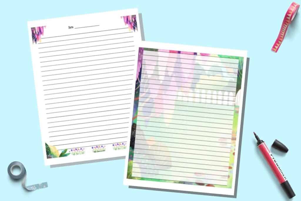 Two pages of May journaling printable. Both pages are lined. One page has a full color spring garden image in the background. The other page has wisteria on the top and leaves with tulips on the bottom. The pages are on a blue background with washi tape and a red fine tipped marker.