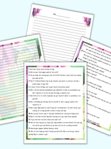 A preview of four printable pages for journaling. Two pages have journal prompts for May and two pages are lined for journaling on. All pages feature a spring garden scene with wisteria.