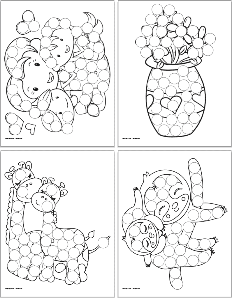 A 2x2 grid with four printable dot marker coloring page for toddlers and preschoolers. Each page has a Mother's Day related image covered with circles to dot in. Images include: A mom with two children, a vase of flowers, a giraffe with her baby, and a baby sloth sleeping on its mom.