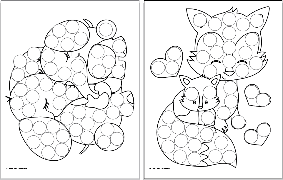 Two Mother's Day do a dot printables. Each page has a large black and white image covered with dots to fill in with a  dauber style marker. The pages have: An elephant mom and baby, a fox mom and baby.