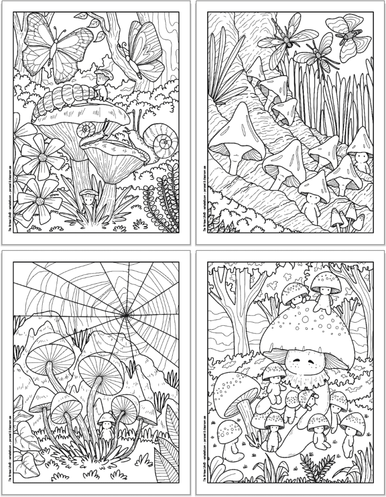 A 2x2 grid with four printable mushroom coloring pages. Each page has cute mushroom people to color with larger mushrooms, butterflies, dragonflies, a spider web, and a large mushroom person.