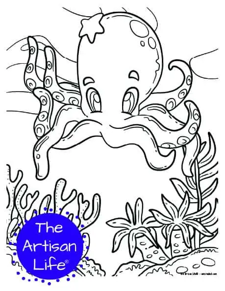A children's coloring page with a cute octopus wearing a starfish on its head on a background with coral and seaweed to color. 