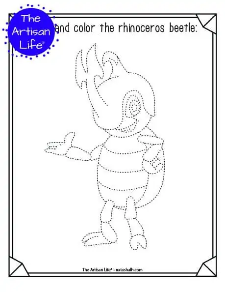 A printable trace and color page with a cute rhinoceros beetle to trace and color. The rhinoceros beetle has dotted lines instead of solid lines for a child to trace. 