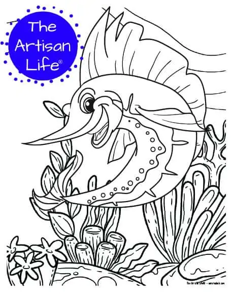 A children's coloring page with a cute sailfish on a background with coral and seaweed to color. 
