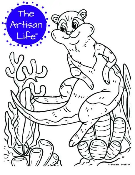 A children's coloring page with a cute sea otter on a background with coral and seaweed to color. 