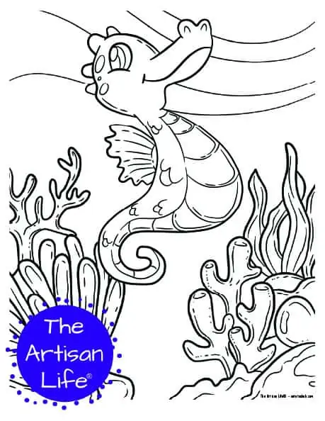 A children's coloring page with a cute seahorse on a background with coral and seaweed to color. 