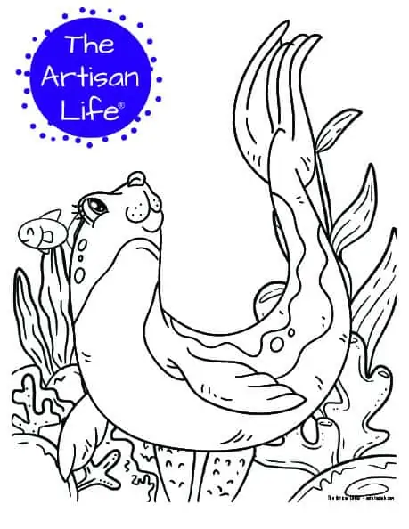 A children's coloring page with a cute spotted seal on a background with coral and seaweed to color. 