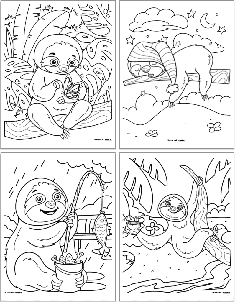 Four free printable sloth coloring page previews in a 2x2 grid. Pages include: A sloth with a butterfly, a sleeping sloth with a nightcap, a fishing sloth, and a sloth with a coconut tropical beverage in hand