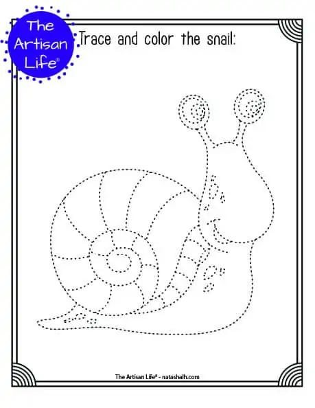 A printable trace and color page with a cute snail to trace and color. The snail has dotted lines instead of solid lines for a child to trace. 