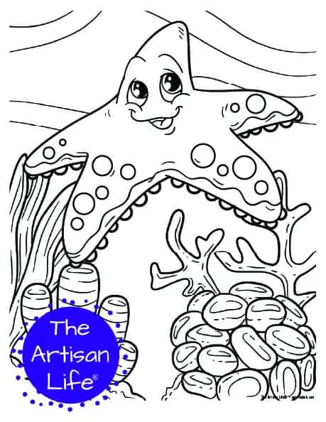 A children's coloring page with a cute starfish on a background with coral and seaweed to color. 