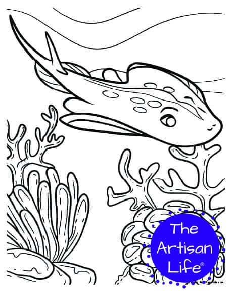A children's coloring page with a cute stingray on a background with coral and seaweed to color. 