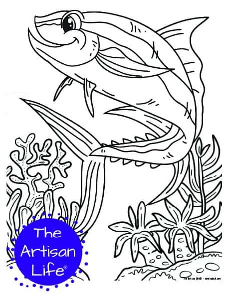 A children's coloring page with a cute tuna on a background with coral and seaweed to color. 