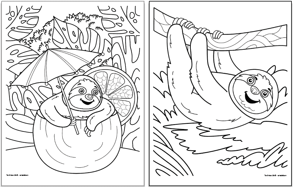 Two free printable sloth coloring pages. The page on the left has a sloth sitting in a coconut. The page on the right has a sloth hanging from a tree branch.