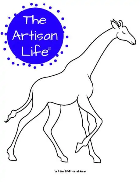 A black and white outline of a giraffe walking to the right with eyes closed.