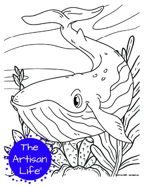 A children's coloring page with a cute whale on a background with coral and seaweed to color. 