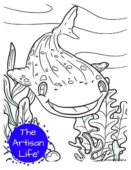 A children's coloring page with a cute whale shark on a background with coral and seaweed to color. 