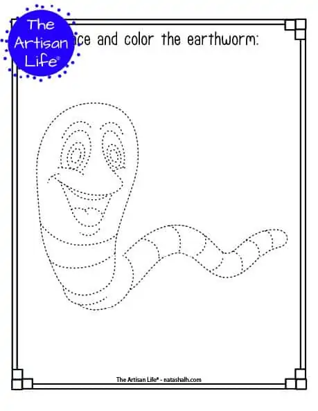 A printable trace and color page with a cute earthworm to trace and color. The earthworm has dotted lines instead of solid lines for a child to trace. 