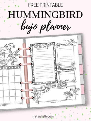 Text "free printable hummingbird bujo planner" above a preview of a monthly page and a daily log with hummingbirds and flowers